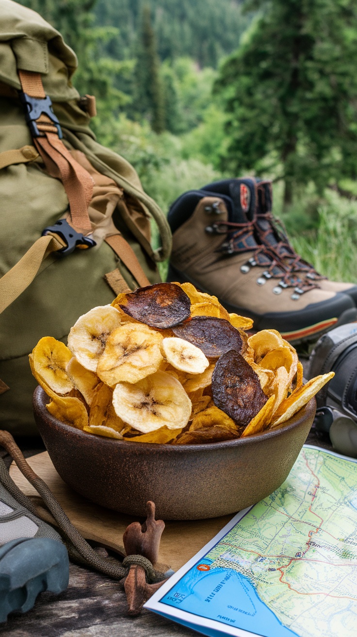 Homemade banana chips in a bowl with hiking gear and a scenic outdoor setting.